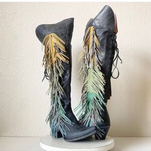 NEW Junk Gypsy Lane Spirit Animal Black Cowboy Boots 7 Over the Knee Fringe Tall